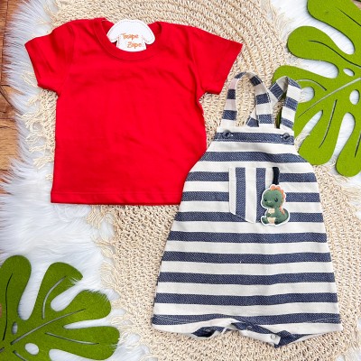 Conj. Camiseta Manga Curta e Jardineira Listrada com Bebê Dino - Vermelho e Marinho